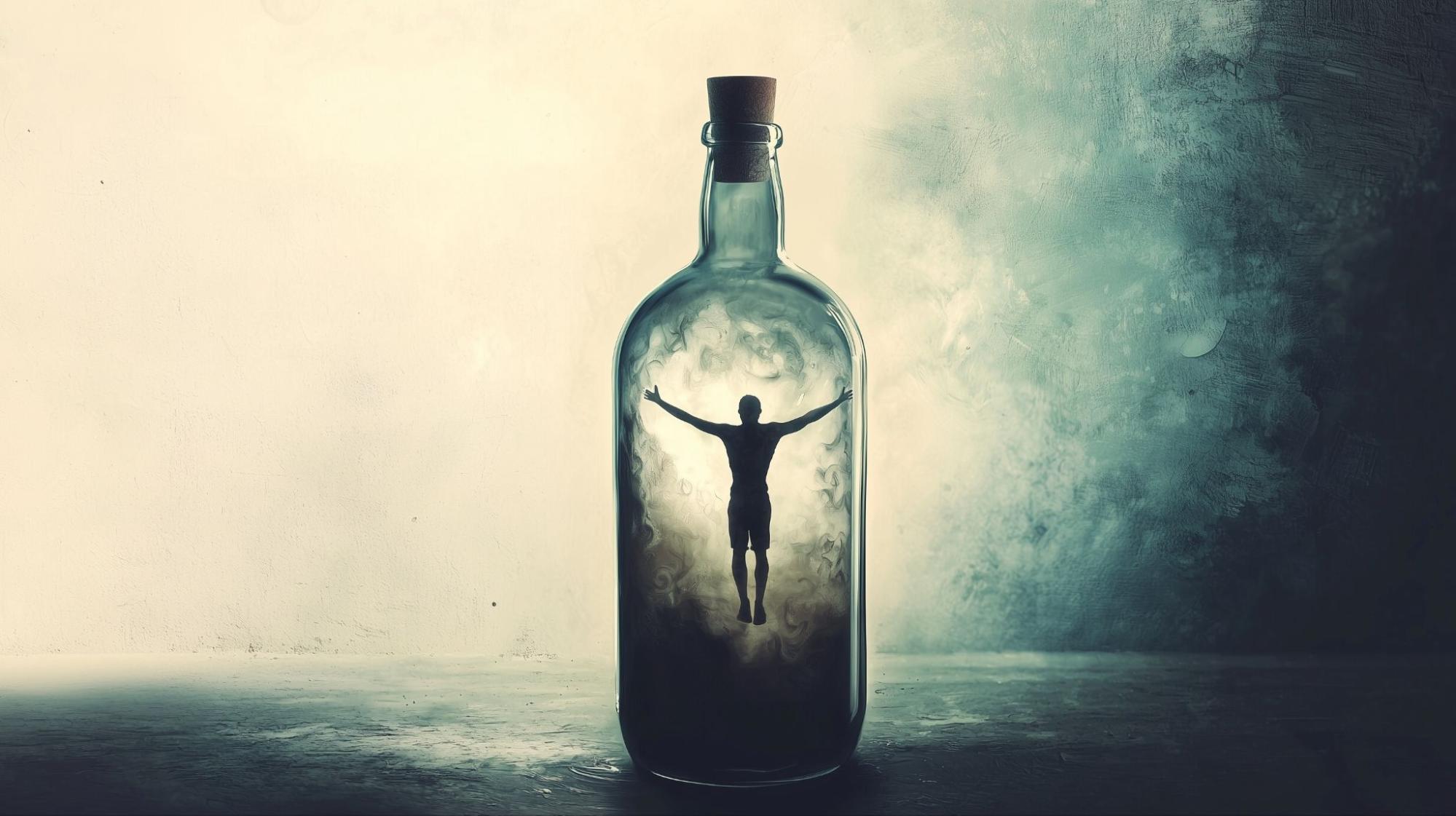 Illustration of a corked bottle with a man trapped inside. 
