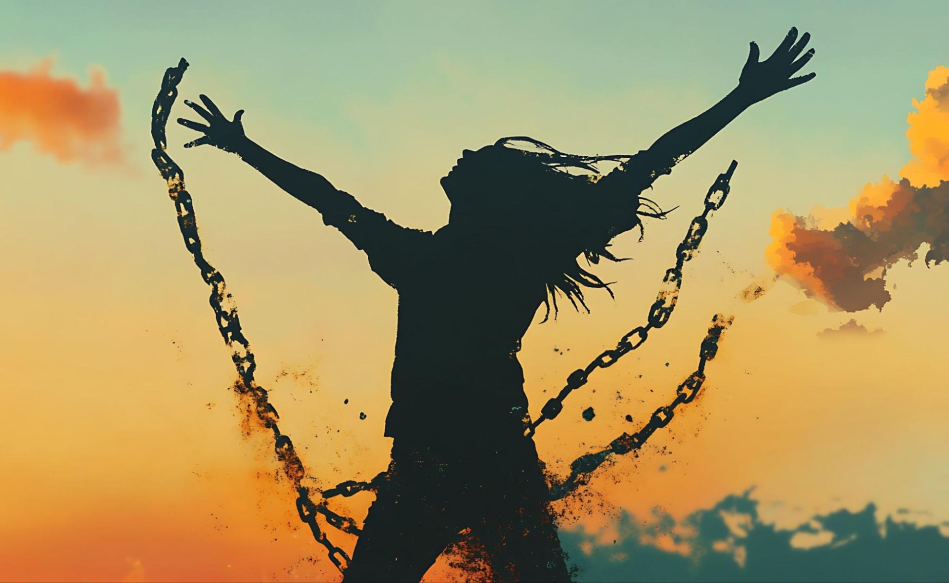 Women breaking free of chains with the a beautiful sky in the background