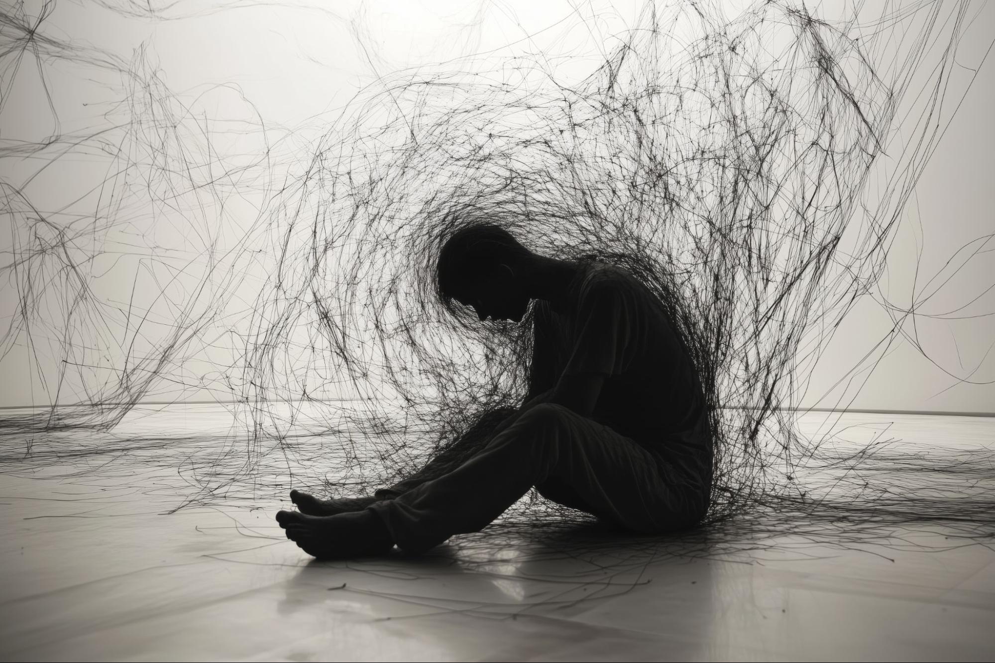 Illustration a shadowy image of a man slumped over in sadness and surrounded by an ominous mist. 